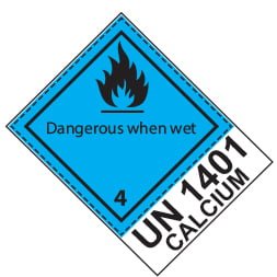 Etiquette de danger 10×13,3 cm en rouleau, classe 4.3, avec code ONU + texte DANGEROUS WHEN WET