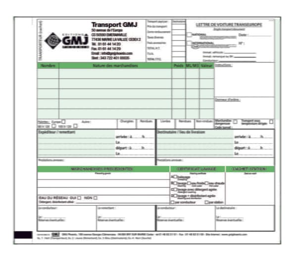 Lettre de voiture avec CERTIFICAT DE LAVAGE 30012R