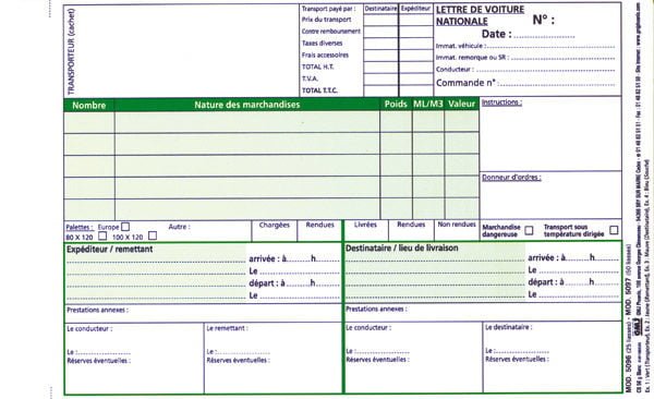 carnet de lettres de voiture nationales